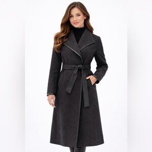 Tahari Women’s Long Wrap Coat Gray NWT Tie Belt Water Resistant Warm MSRP $380+
